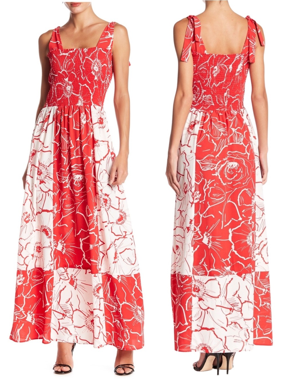 Gabby Skye Red and White Smocked Maxi Dress